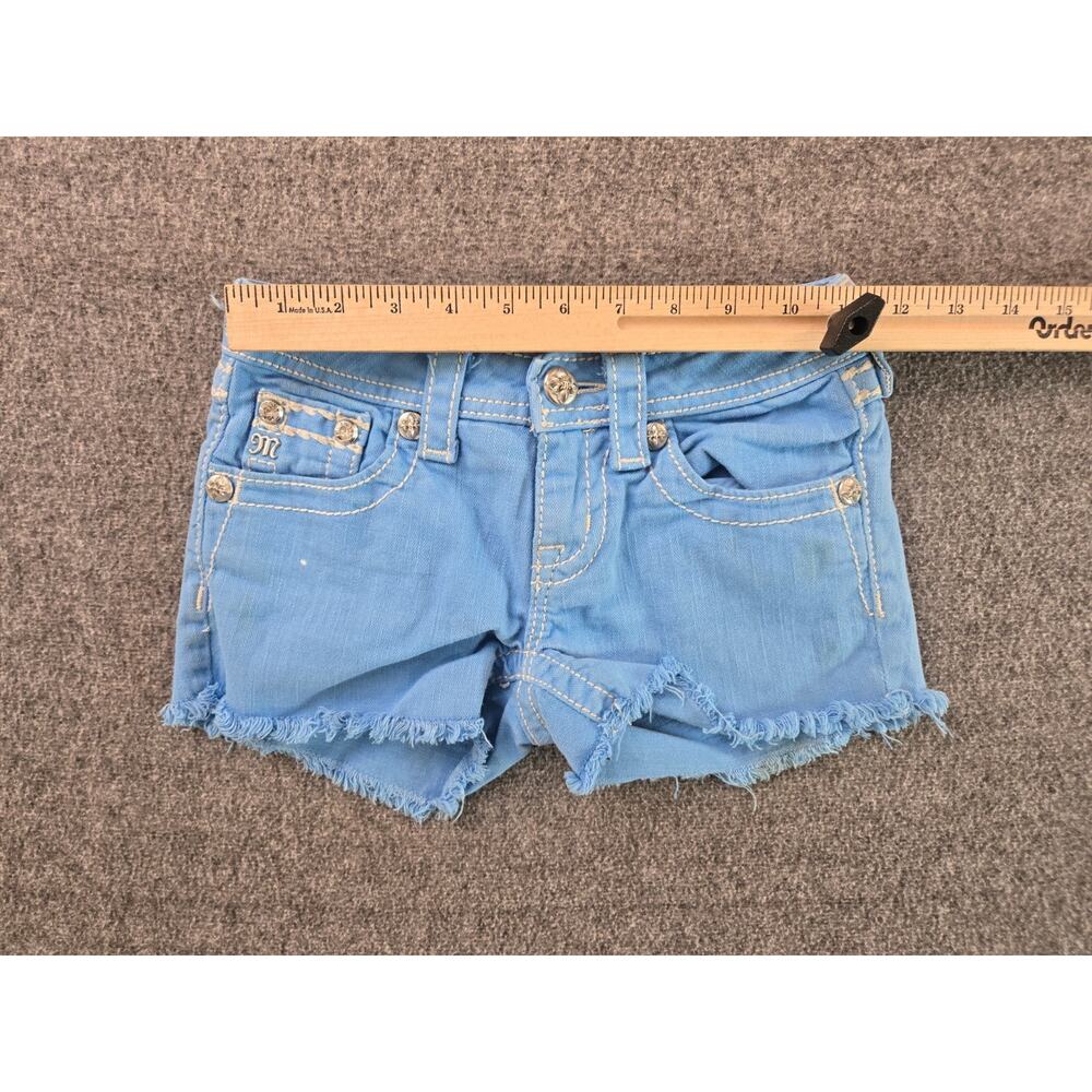 Miss Me Sky Blue Frayed Denim Shorts Youth Girls Sz 10 Mcbling Y2K Rhinestone - Picture 11 of 15